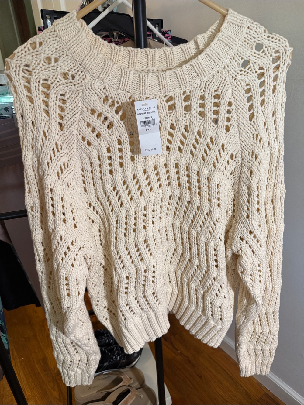 American Eagle Outfitters Cream Open-Weave Crewneck Sweater